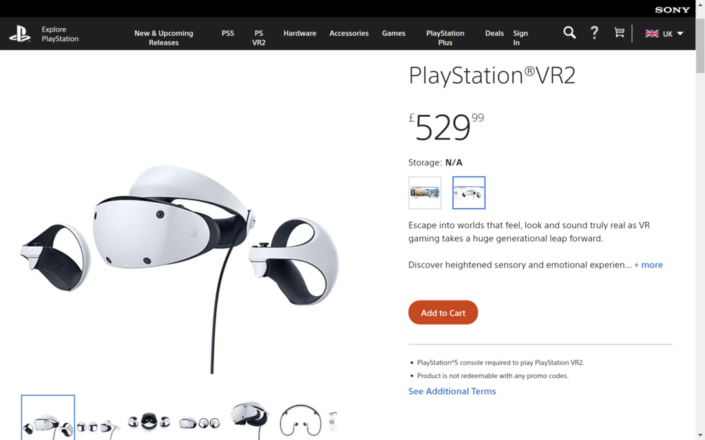Captura de pantalla de PlayStation VR 2 de la página de venta