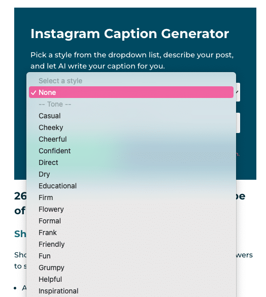 lista desplegable de opciones de estilo para el generador de subtítulos de Instagram