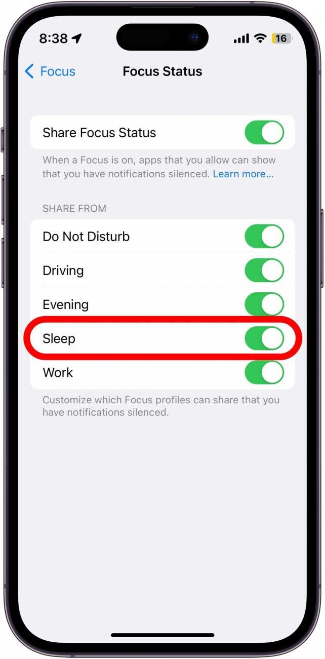 Por ejemplo, si no desea que nadie pueda enviarle mensajes de texto mientras duerme, toque el interruptor junto a Dormir.
