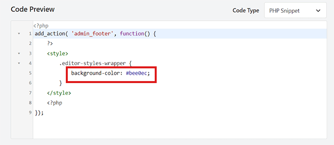 Pegue el fragmento de código para cambiar el color de fondo del editor