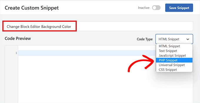 Elija la opción PHP Snippet como tipo de código para cambiar el color de fondo del editor