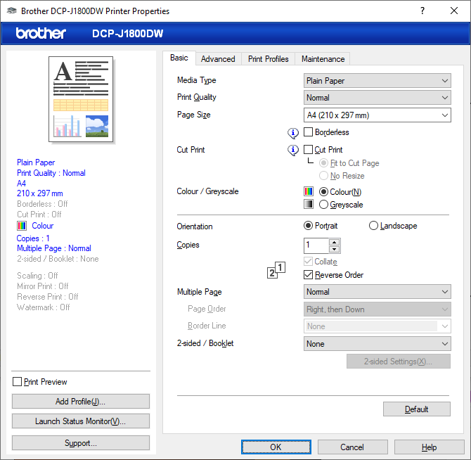 Una captura de pantalla del software Brother DCP-J1800DW