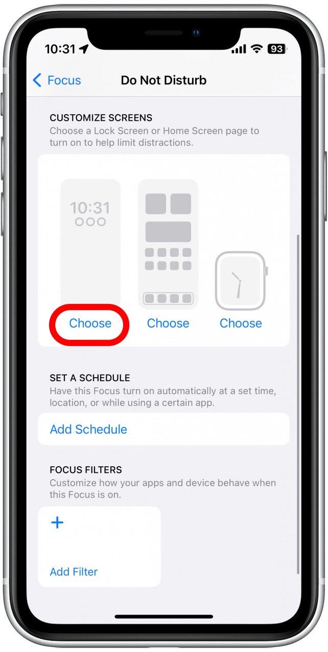 Toque Elegir debajo de cada pantalla para elegir una pantalla de bloqueo, una pantalla de inicio y (si tiene una conectada) una carátula de Apple Watch que aparecerá cuando Focus esté activo.