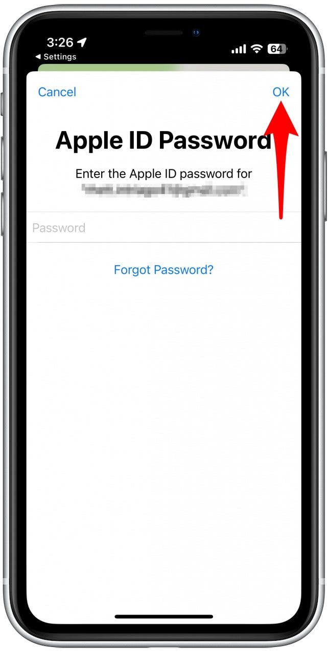 Toque Aceptar después de haber ingresado la contraseña de su ID de Apple.