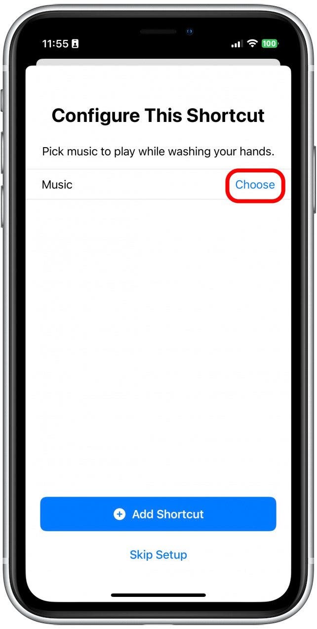 Toque Elegir para elegir una canción de Apple Music.  Ten en cuenta que automáticamente elegirá los primeros veinte segundos de cualquier canción.