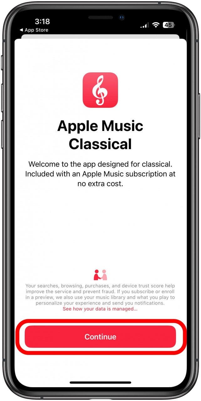 toque continuar para abrir la aplicación Apple Music Classic