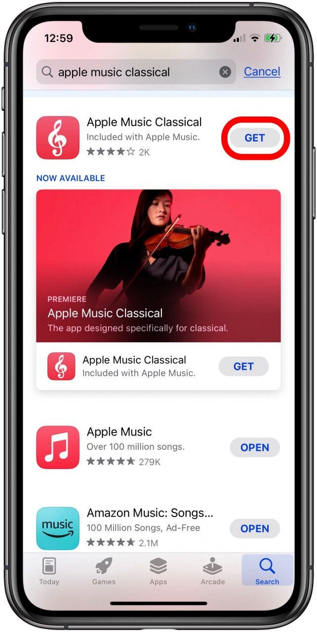 toque obtener para descargar la aplicación Apple Music Classic
