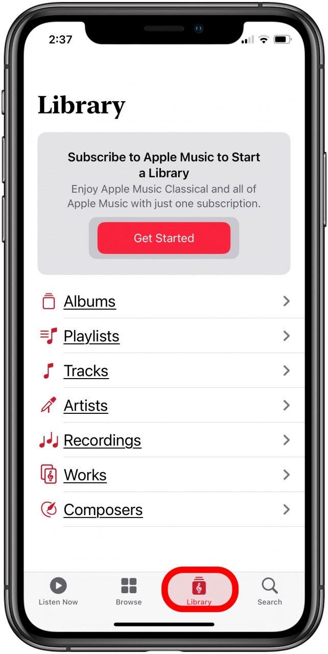 pestaña de la biblioteca de la aplicación Apple Music Classic