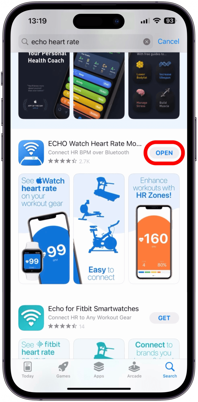 Descargue la aplicación ECHO Watch Heart Rate Monitor (gratis con opciones de actualización) y ábrala.