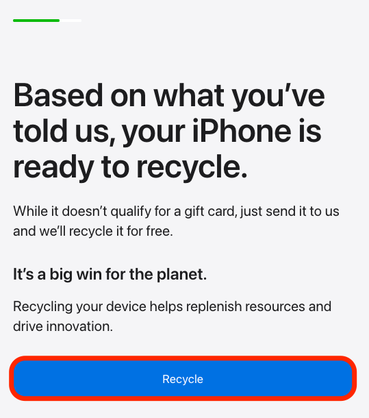 haz clic en reciclar para iniciar el proceso de reciclaje de tu iphone