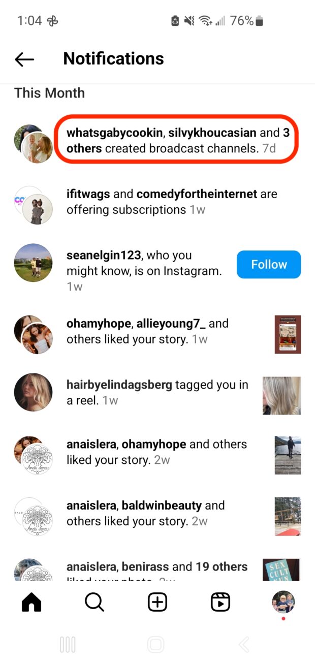 notificaciones con nombres de cuentas en instagram