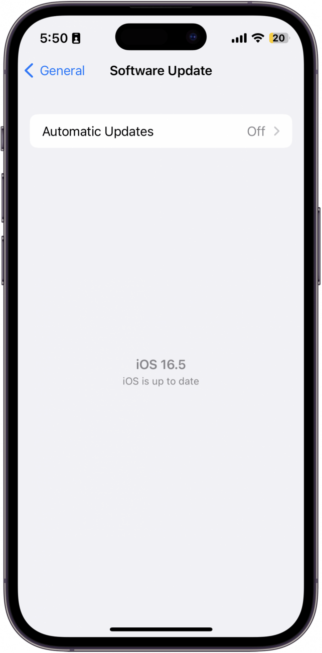 Captura de pantalla que muestra la pantalla de actualización de iOS que dice: 