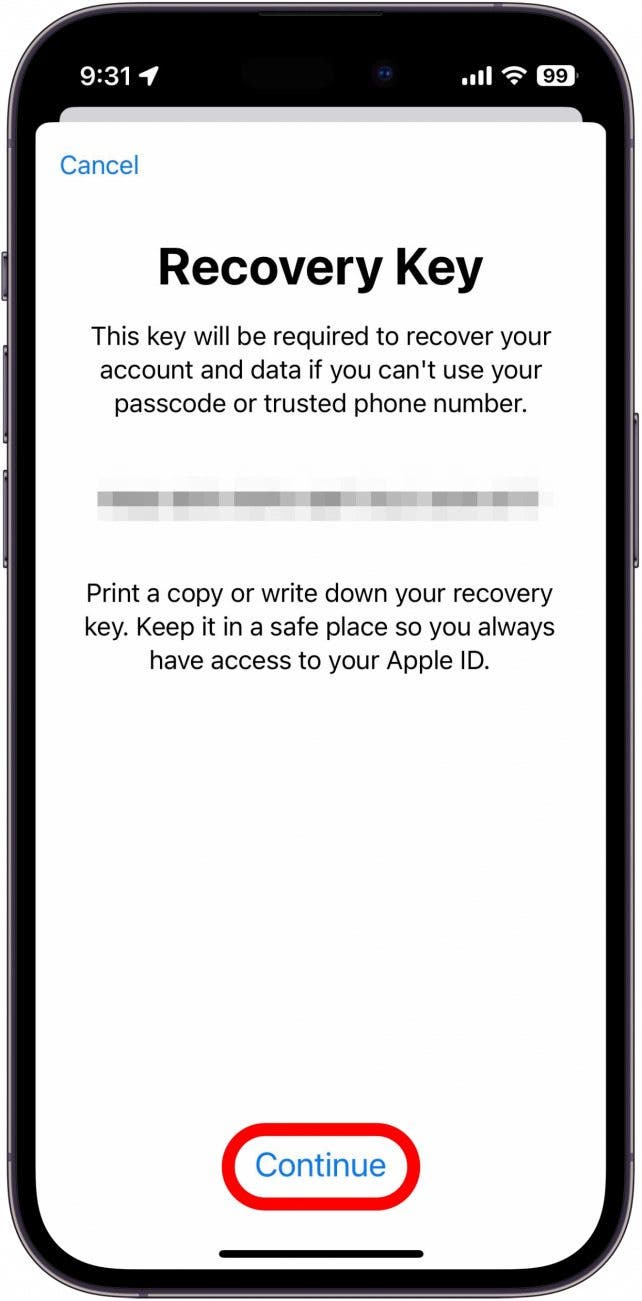 Después de ingresar el código de acceso de su iPhone, se mostrará su clave de recuperación.  Anótelo y guárdelo en un lugar seguro, ya que necesitará esta clave para volver a su cuenta de Apple si pierde su contraseña.  Toca Continuar una vez que lo hayas escrito.