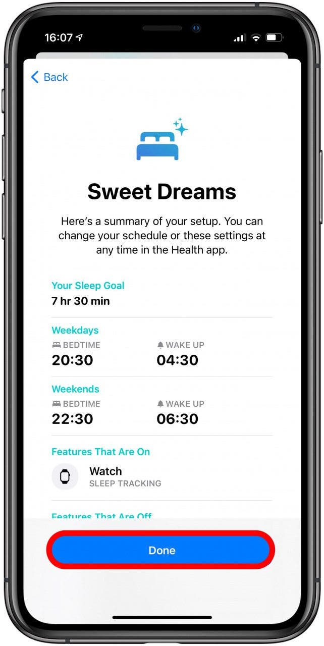 Toque Habilitar para realizar un seguimiento del sueño con Apple Watch, luego toque Listo.