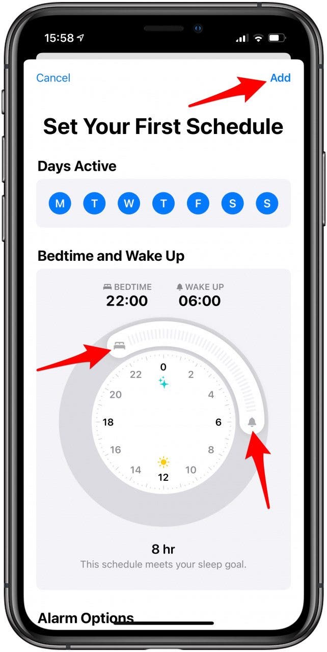 Configura tu horario arrastrando la cama a tu hora de acostarse preferida y la alarma a tu hora de despertar preferida.