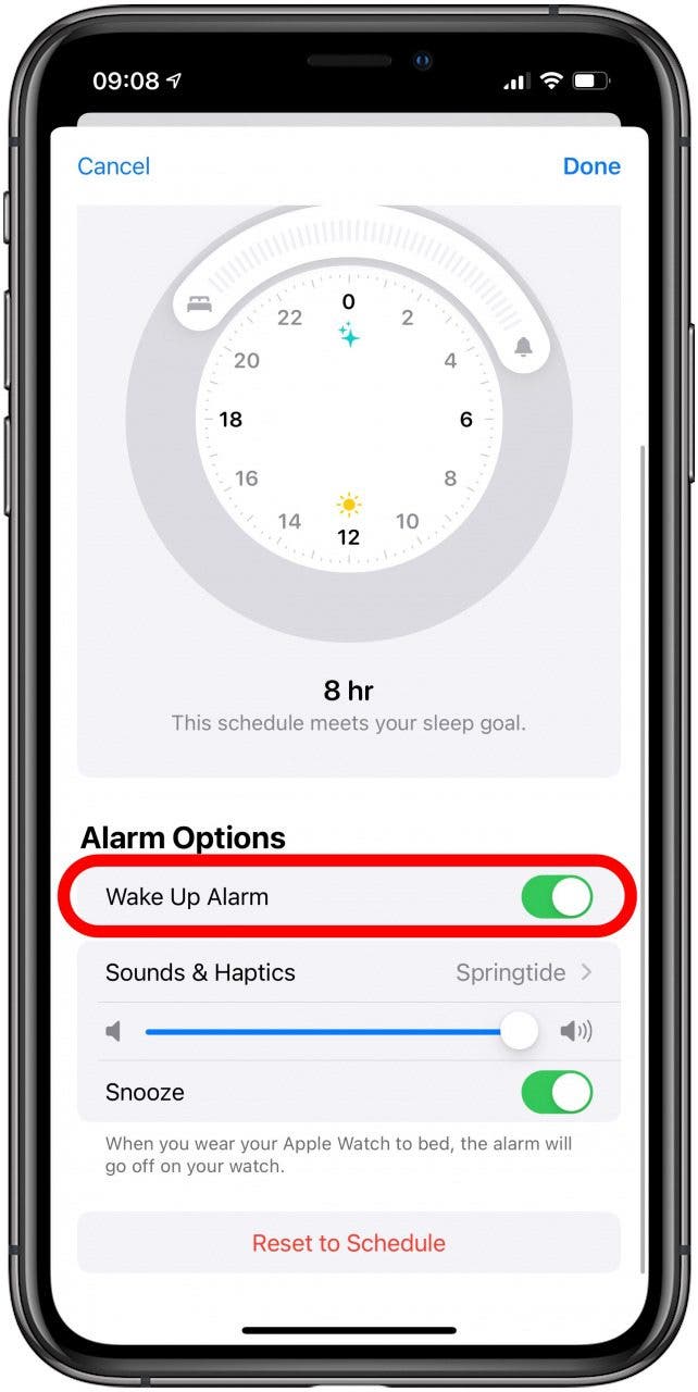 En Opciones de alarma, puede alternar Alarma despertador.