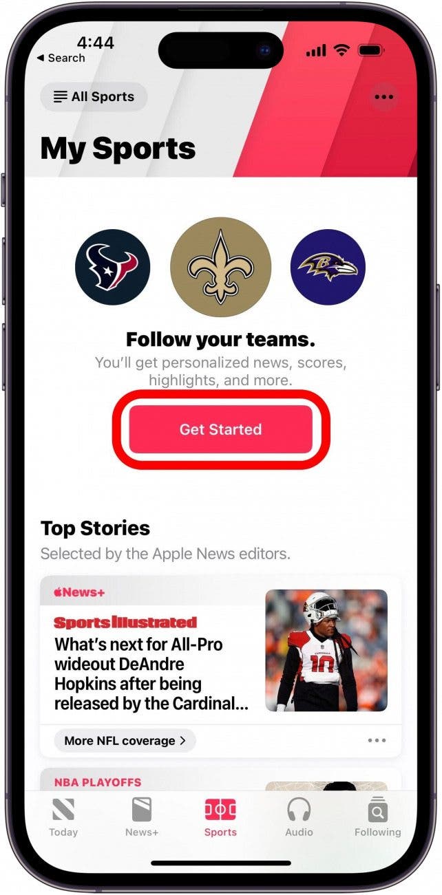 Si no ha configurado su fuente Apple News Sports, puede tocar Comenzar para hacerlo.