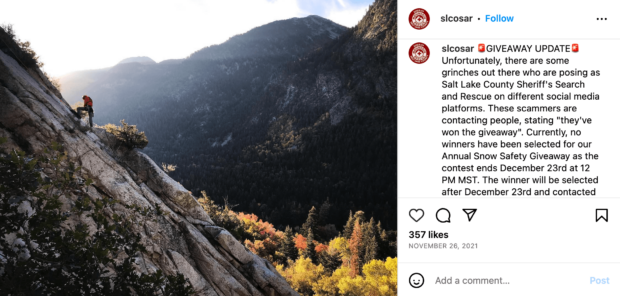 Advertencia de cuentas de instagram fraudulentas de búsqueda y rescate del condado de Salt Lake