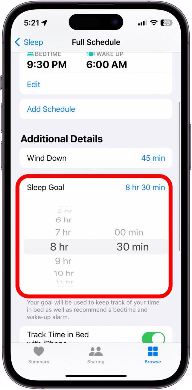captura de pantalla del menú de suspensión de la aplicación de salud de iPhone con el objetivo de suspensión en un círculo rojo