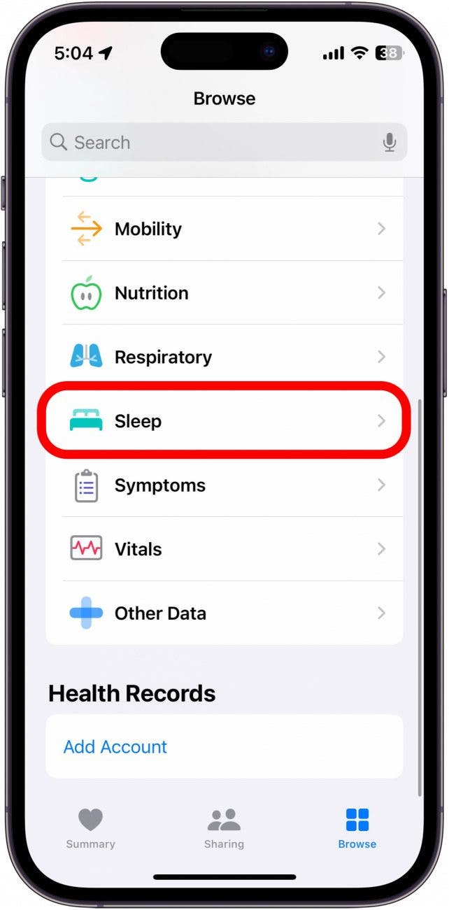 captura de pantalla de la aplicación de salud del iPhone con la categoría de sueño en un círculo rojo