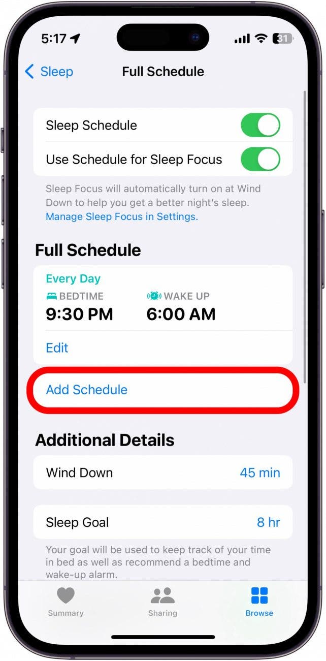 captura de pantalla del menú de suspensión de la aplicación de salud de iPhone con Editar horario en un círculo rojo