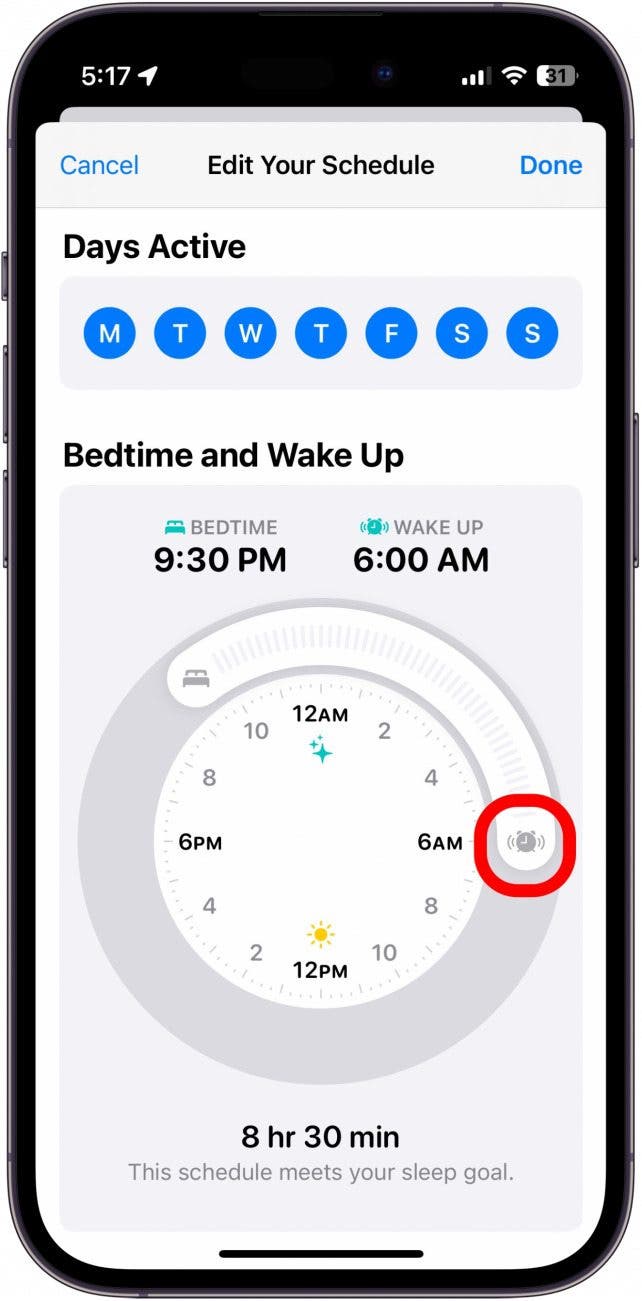 captura de pantalla del horario de suspensión del iPhone con el control deslizante de activación en un círculo rojo