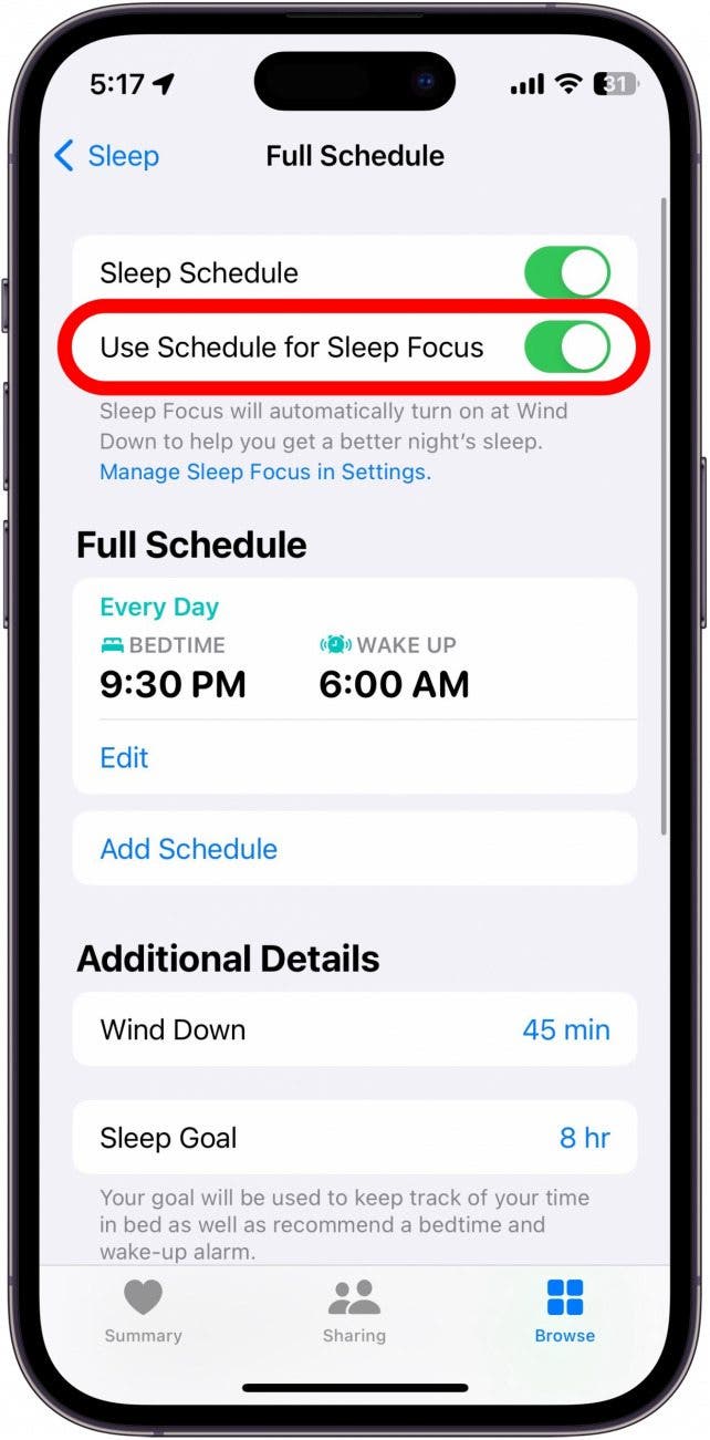 captura de pantalla del menú de suspensión de la aplicación de salud de iPhone con el horario de uso para el foco de suspensión en un círculo rojo