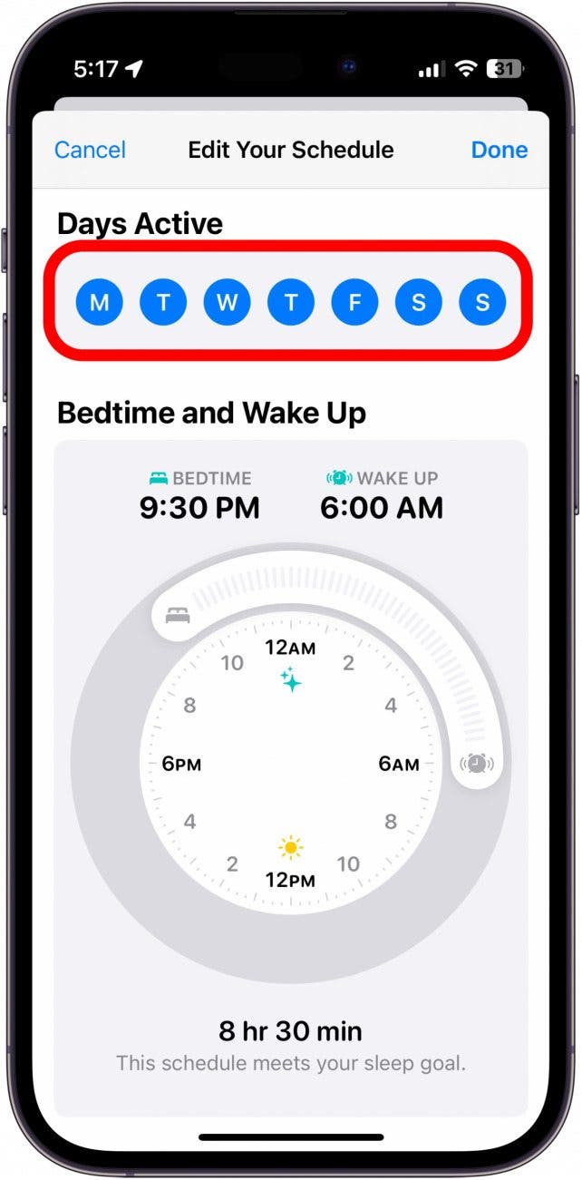 captura de pantalla del horario de sueño del iPhone con los días activos marcados con un círculo rojo