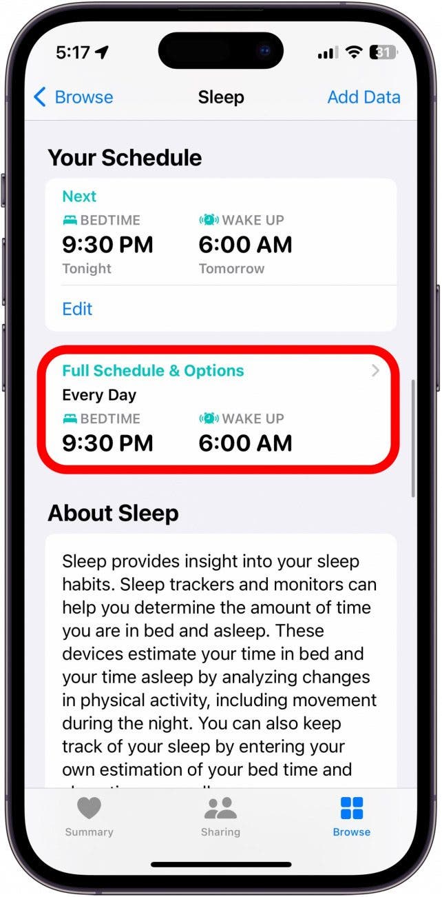 captura de pantalla del menú de suspensión de la aplicación de salud del iPhone con el horario completo y las opciones marcadas con un círculo rojo