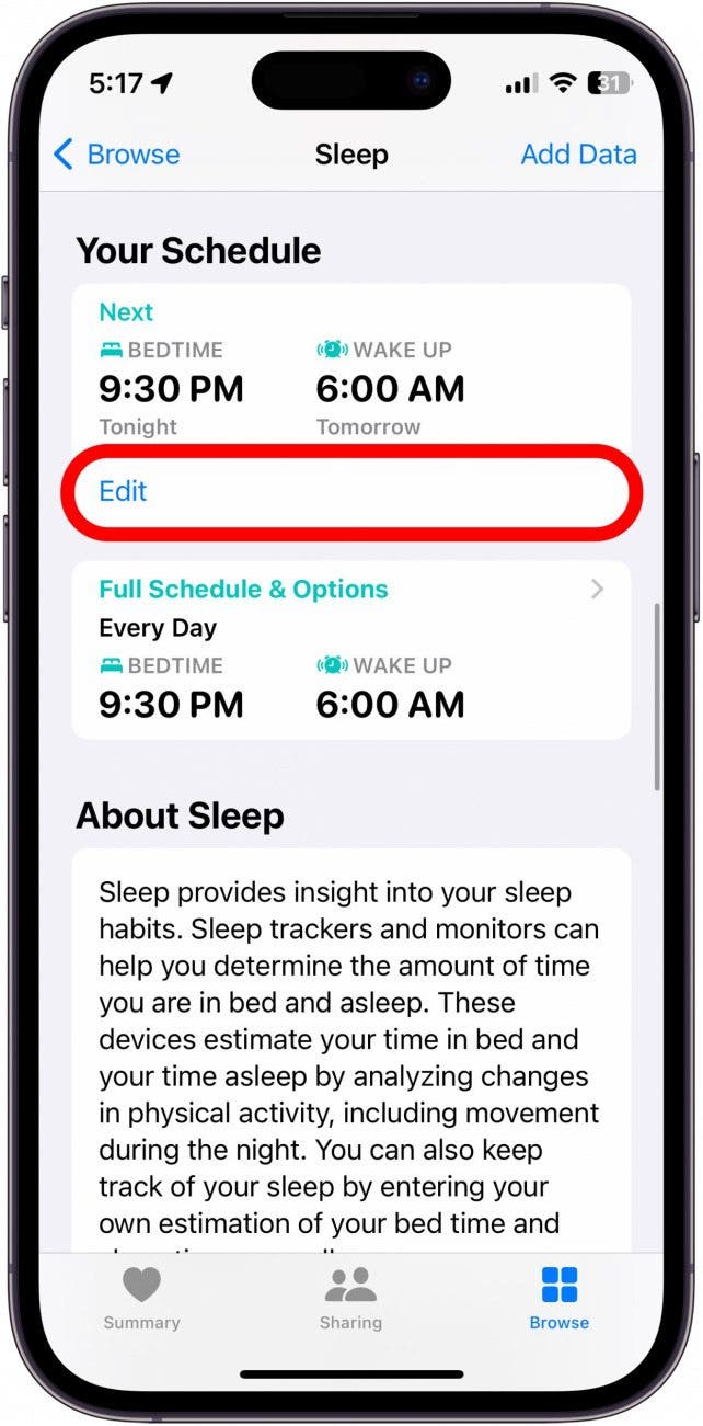 captura de pantalla del menú de suspensión de la aplicación de salud del iPhone con el botón de edición debajo del siguiente horario marcado con un círculo rojo