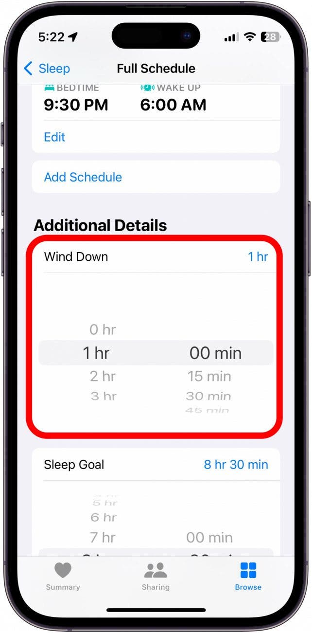 captura de pantalla del menú de suspensión de la aplicación de salud del iPhone con el tiempo de inactividad en un círculo rojo