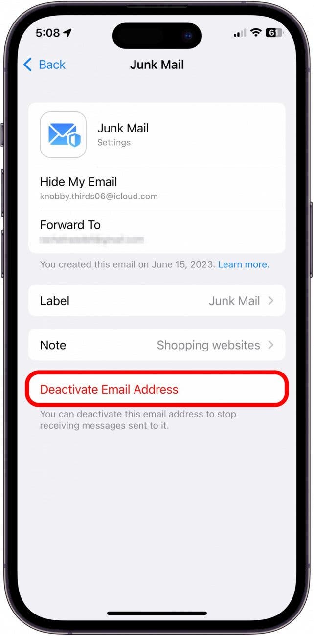 Presiona Desactivar dirección de correo electrónico.