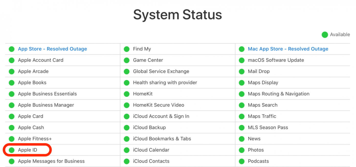 verifique el estado del sistema de Apple para la identificación de Apple