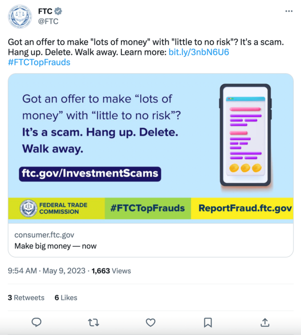 Tuit de concientización sobre fraude de estafa de la FTC
