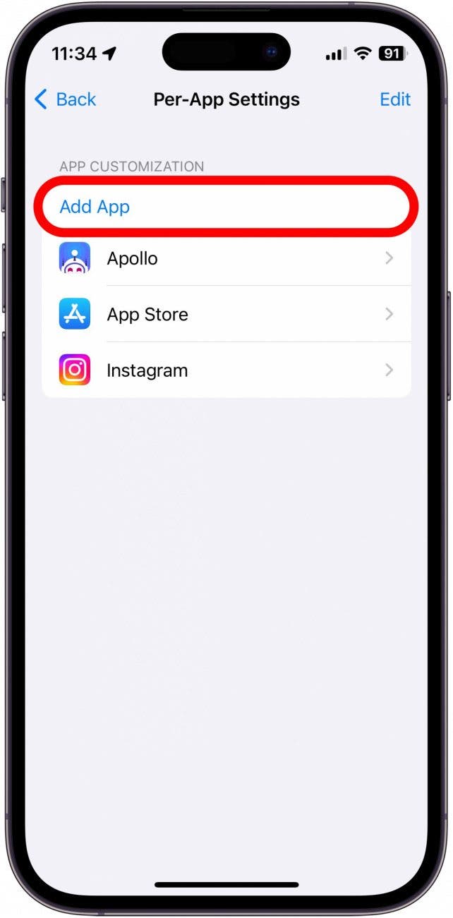 Captura de pantalla de configuración de iPhone por aplicación con agregar aplicación en un círculo rojo