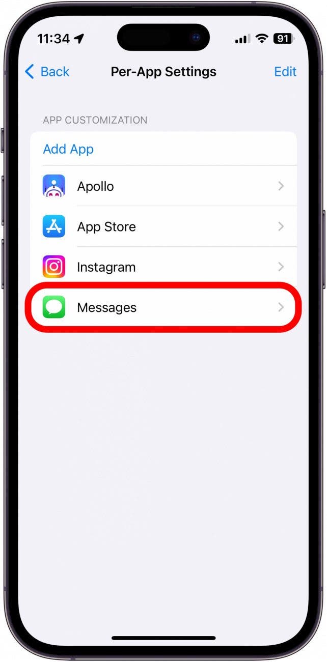 Captura de pantalla de la configuración de iPhone por aplicación con la aplicación de mensajes en un círculo rojo