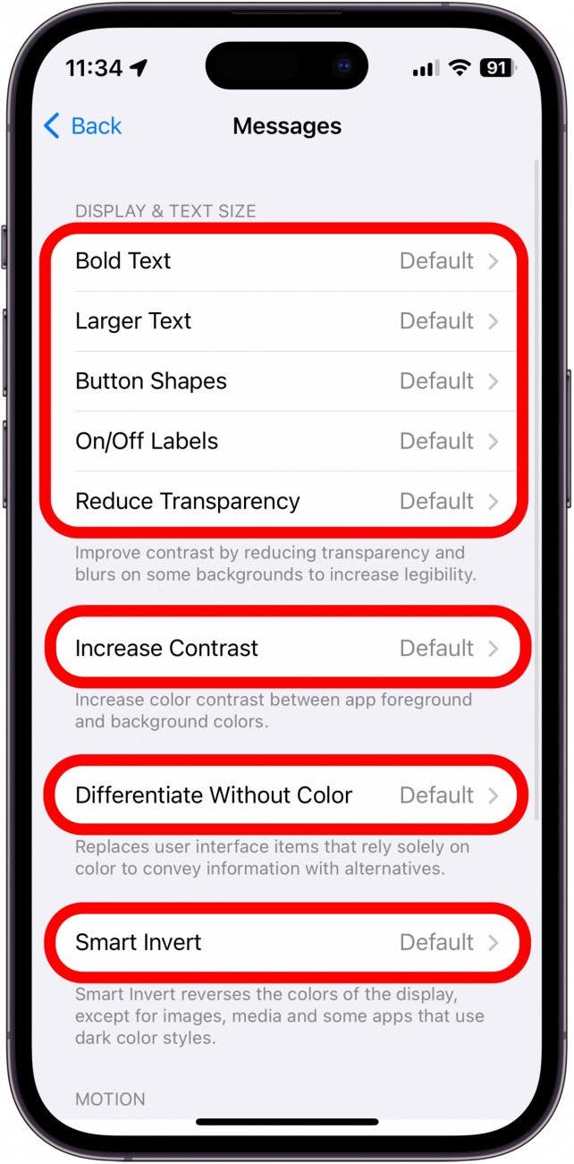 Captura de pantalla de la configuración de iPhone por aplicación que muestra las opciones de accesibilidad disponibles