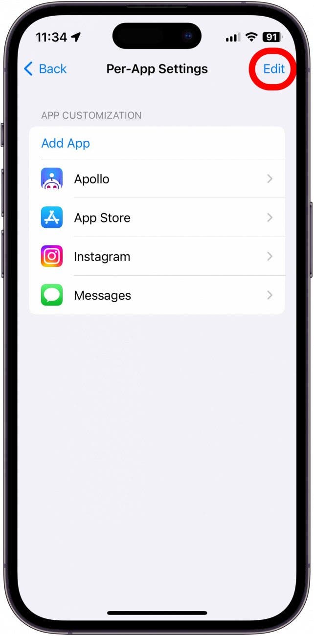 Captura de pantalla de la configuración de iPhone por aplicación con el botón de edición en un círculo