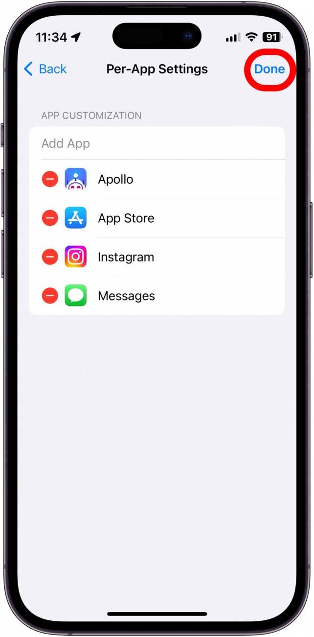 Captura de pantalla de la configuración de iPhone por aplicación con el botón Listo en un círculo rojo