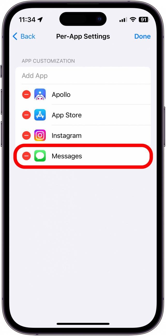 Captura de pantalla de la configuración de iPhone por aplicación con el signo menos de la aplicación de mensajes en un círculo rojo