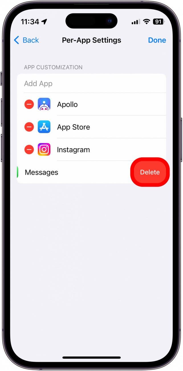Captura de pantalla de la configuración de iPhone por aplicación con el botón Eliminar en un círculo rojo