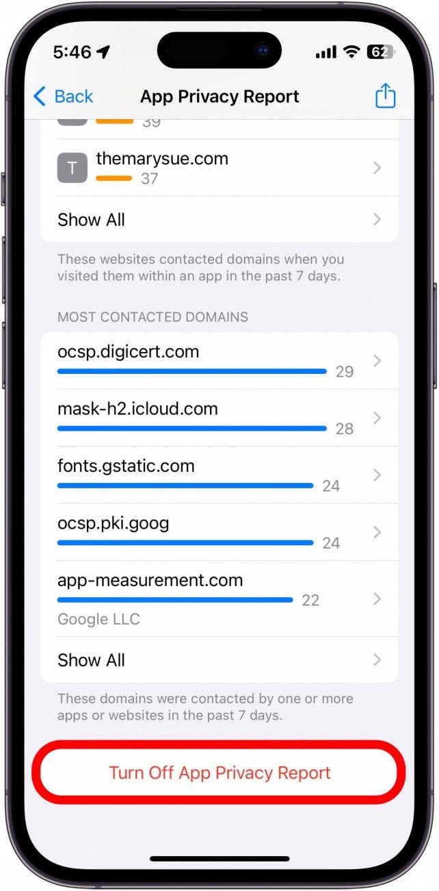 captura de pantalla del informe de privacidad de la aplicación de iPhone con el informe de privacidad de la aplicación desactivado en un círculo rojo