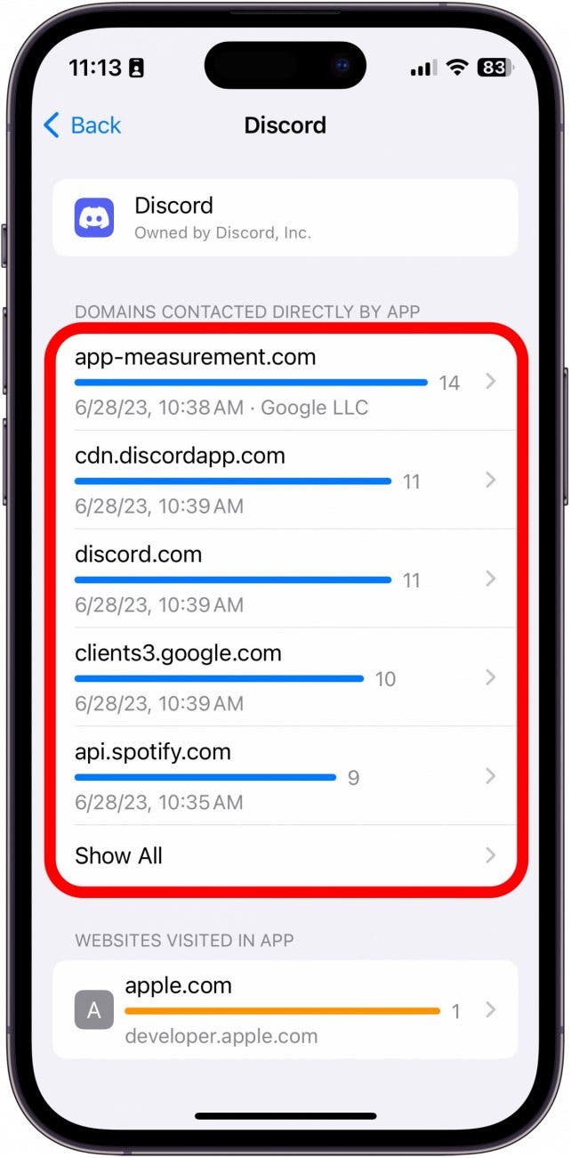 captura de pantalla del informe de privacidad de la aplicación Discord con los dominios marcados con un círculo rojo 