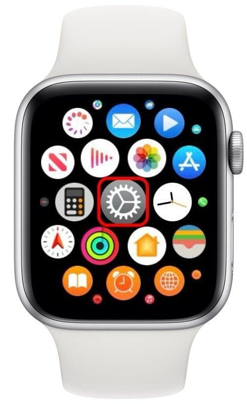 Captura de pantalla de Apple Watch que muestra la pantalla de aplicaciones, con la aplicación de configuración en un círculo rojo