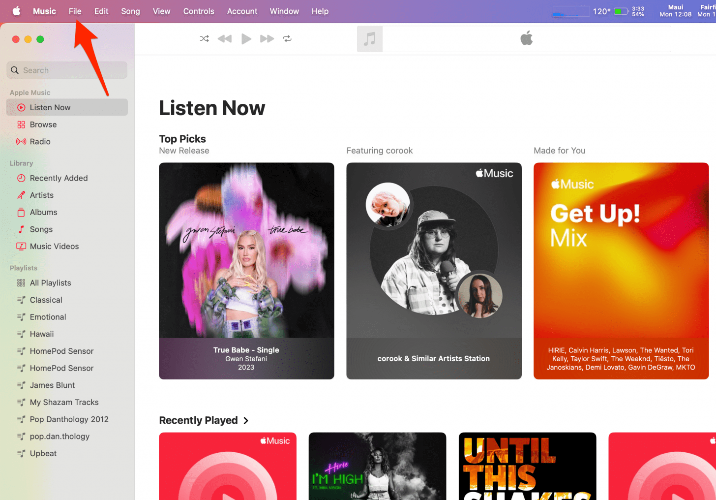 Abra Apple Music en su Mac (esto también funcionará en su iPad), luego haga clic en Archivo.