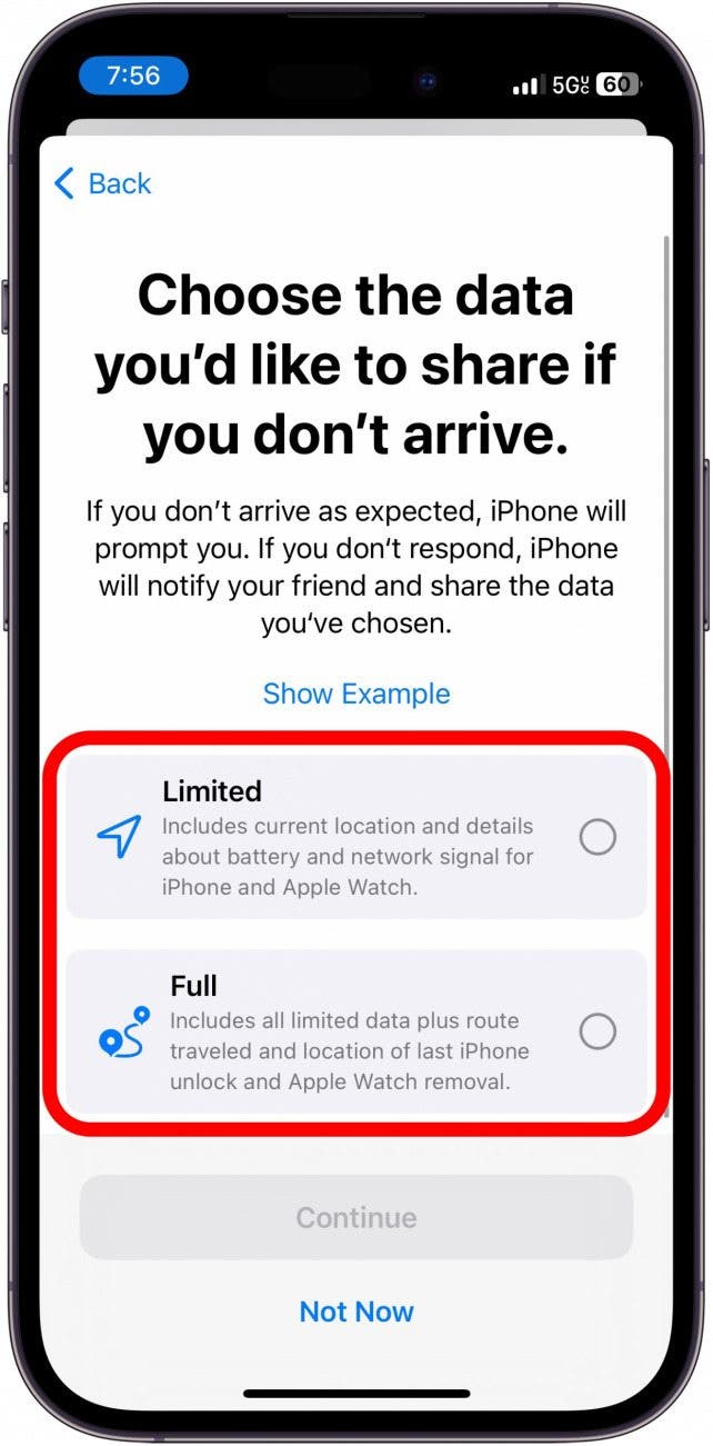 pantalla de configuración de verificación de iPhone con un círculo rojo alrededor de datos limitados o opciones de datos completos