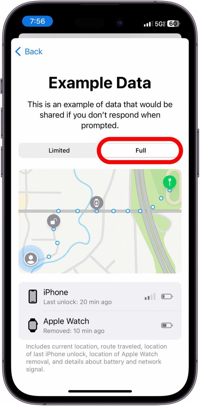 ejemplo de verificación de datos completos de iPhone con la pestaña completa en un círculo rojo