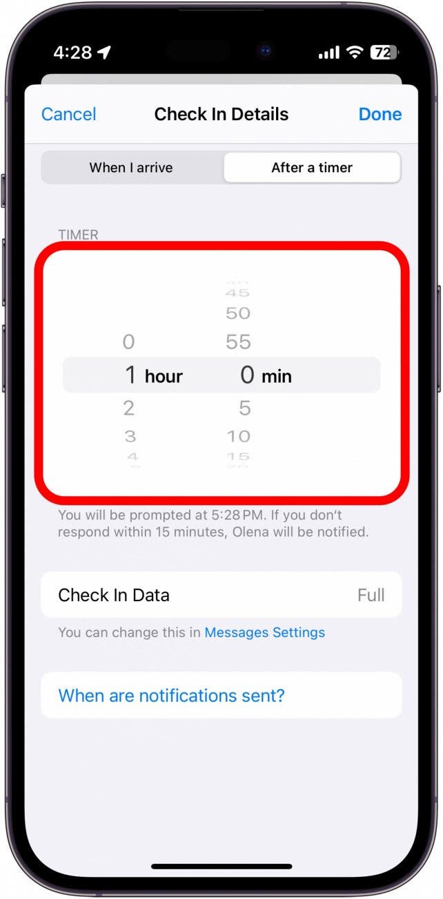 registro de iPhone después de una pestaña de temporizador con la configuración del temporizador en un círculo rojo