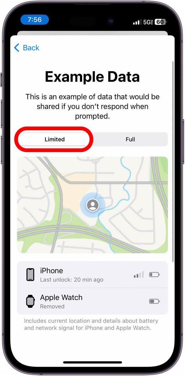 ejemplo de registro de datos limitados de iPhone con pestaña limitada marcada en rojo