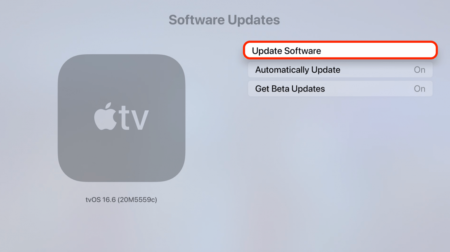 Busque actualizaciones de Apple TV e instale la actualización de software si no está actualizada.